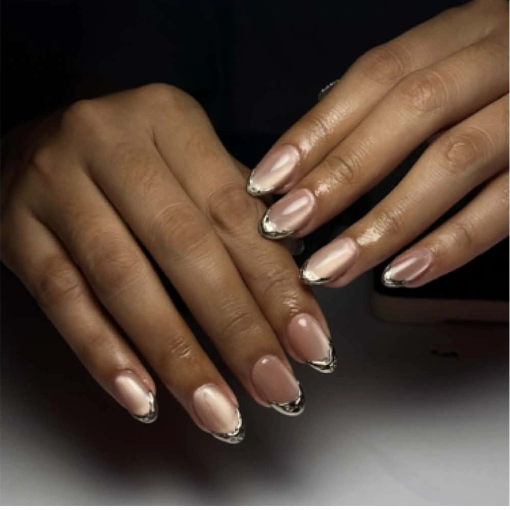 Nude manicure with silver French tips by Chrisha