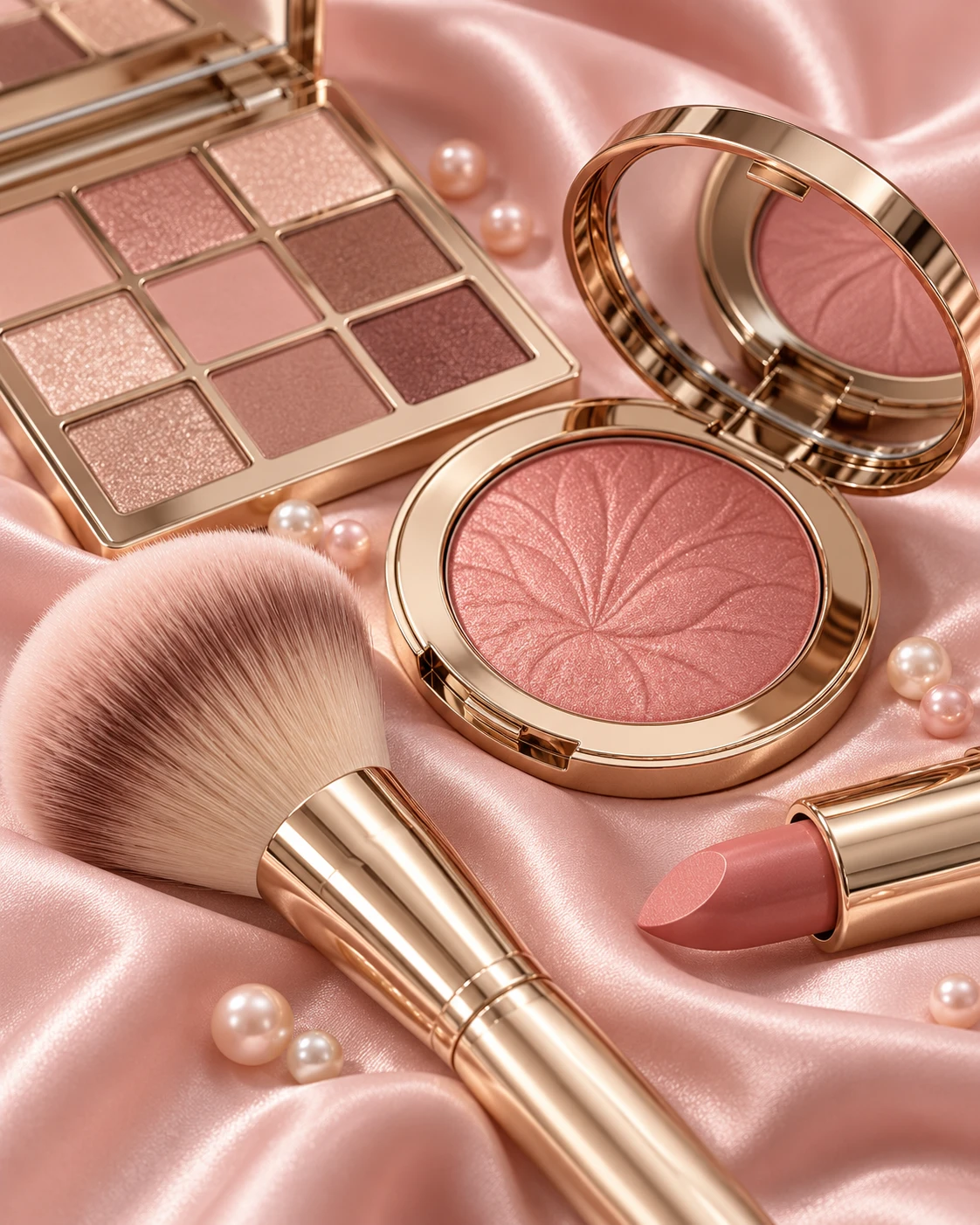 Make-up brushes and a rose-toned cosmetic palette